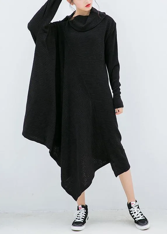 Women's Sweater Dress Black Asymmetric High Neck Knit Cotton Blend sold by Hensley London
