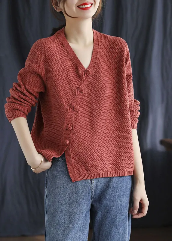 Women's Sweater Red Cotton Blend V Neck Fitted sold by Hensley London