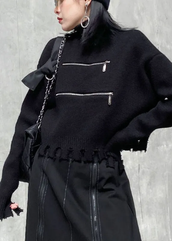 Women's Sweater Black Knit Blended Zippered with Tassels sold by Hensley London