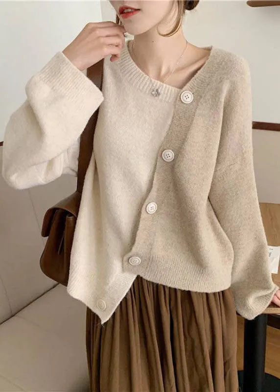 Women's Winter Sweater Beige Knit Asymmetrical Button sold by Hensley London