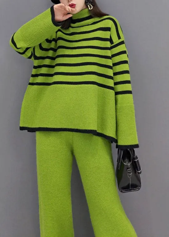 Women's Two-Piece Set Green Knit Striped Turtle Neck Wide Leg Pants sold by Hensley London product image thumbnail 5