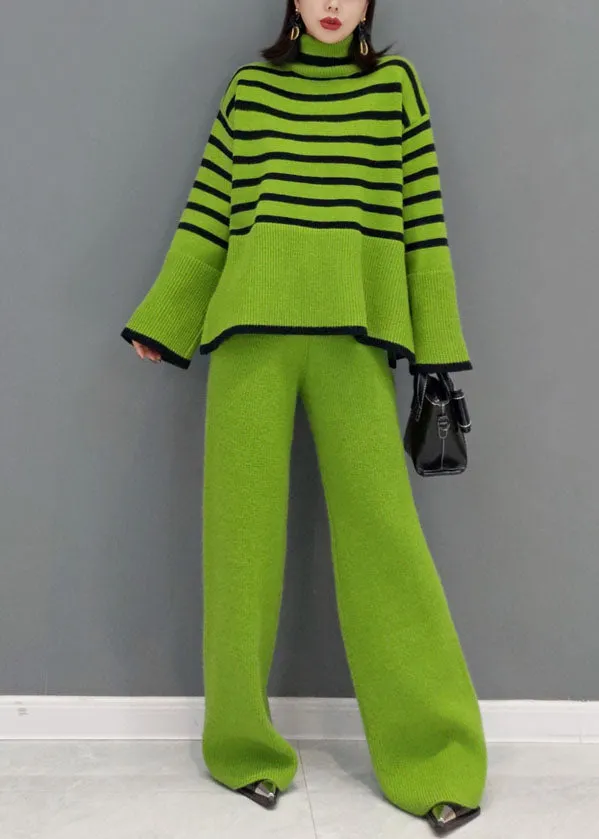 Women's Two-Piece Set Green Knit Striped Turtle Neck Wide Leg Pants sold by Hensley London product image thumbnail 2