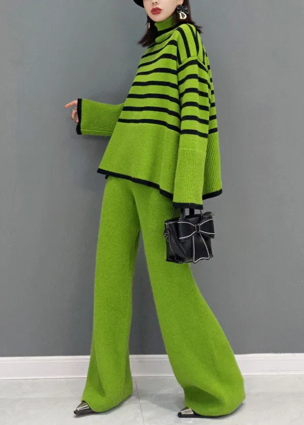 Women's Two-Piece Set Green Knit Striped Turtle Neck Wide Leg Pants sold by Hensley London product image thumbnail 3