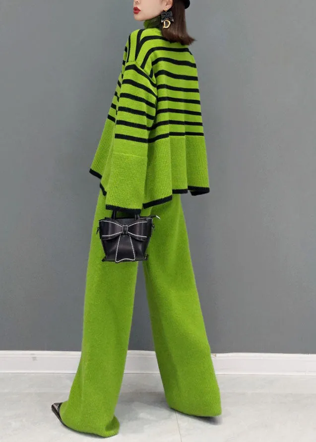 Women's Two-Piece Set Green Knit Striped Turtle Neck Wide Leg Pants sold by Hensley London product image thumbnail 4