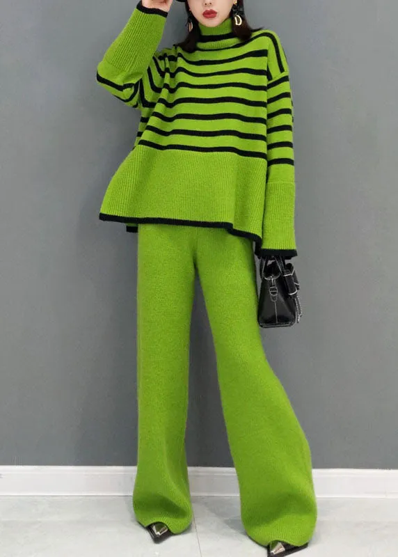 Women's Two-Piece Set Green Knit Striped Turtle Neck Wide Leg Pants sold by Hensley London