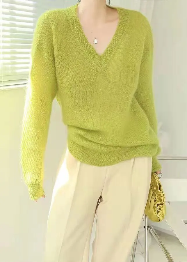 Women's Sweater Fluorescent Green Wool Blend V Neck sold by Hensley London product image thumbnail 2