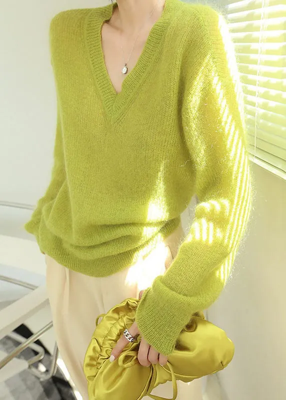 Women's Sweater Fluorescent Green Wool Blend V Neck sold by Hensley London