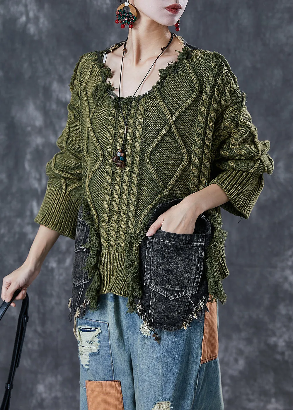 Women's Sweater Green Knit Denim Ripped Asymmetrical sold by Hensley London product image thumbnail 3