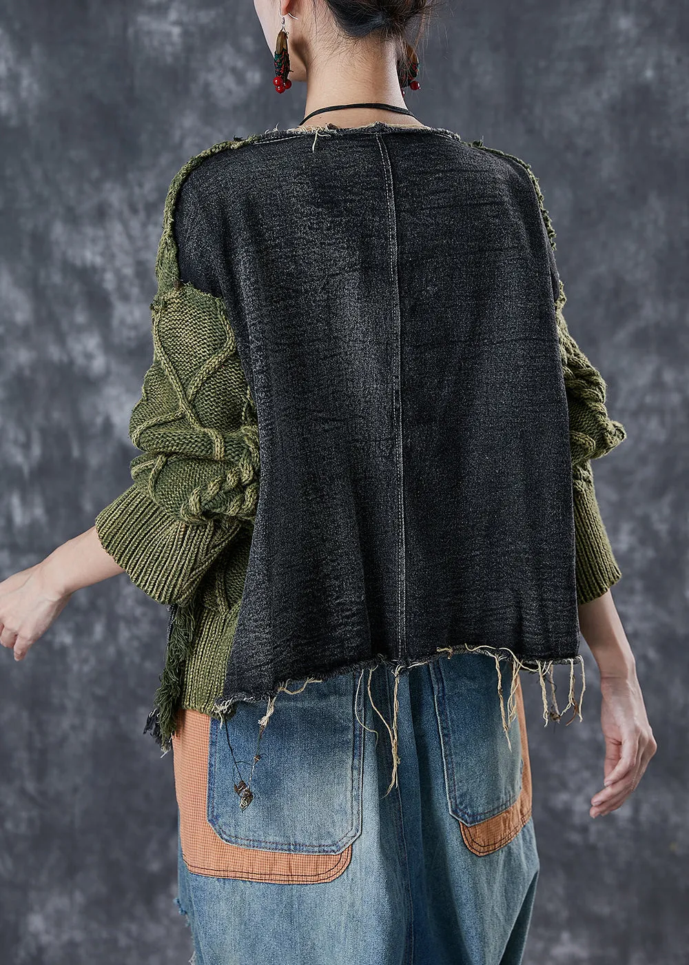 Women's Sweater Green Knit Denim Ripped Asymmetrical sold by Hensley London product image thumbnail 4