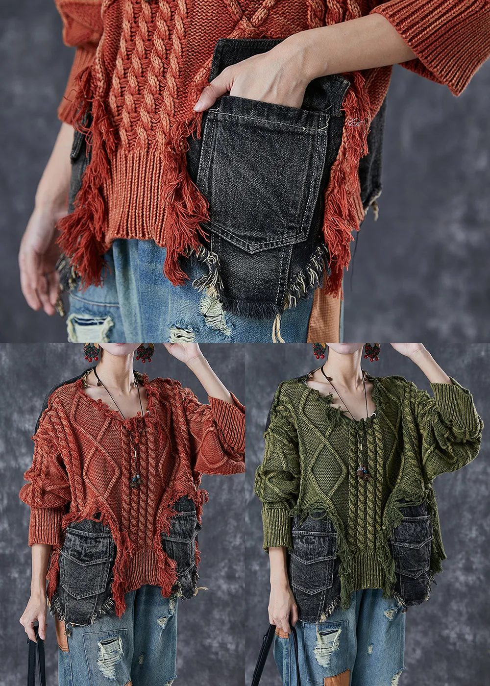 Women's Sweater Green Knit Denim Ripped Asymmetrical sold by Hensley London product image thumbnail 5