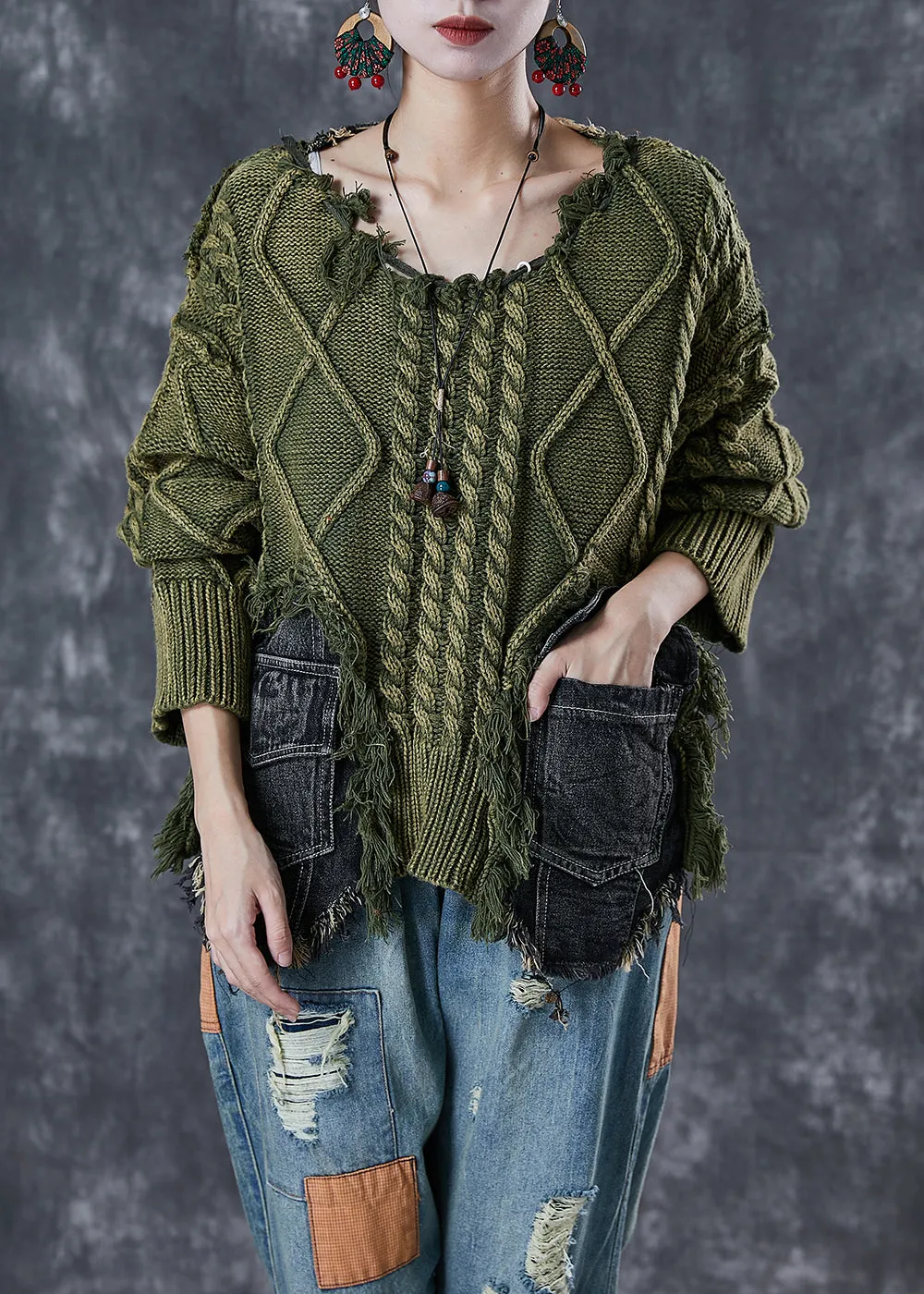 Women's Sweater Green Knit Denim Ripped Asymmetrical sold by Hensley London product image thumbnail 2