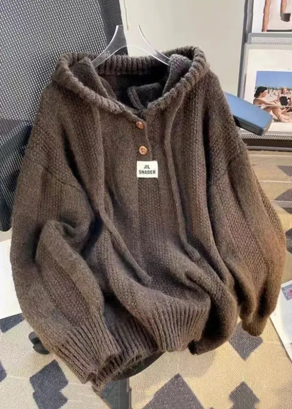 Women's Hooded Top Brown Cotton Knit Long Sleeve sold by Hensley London