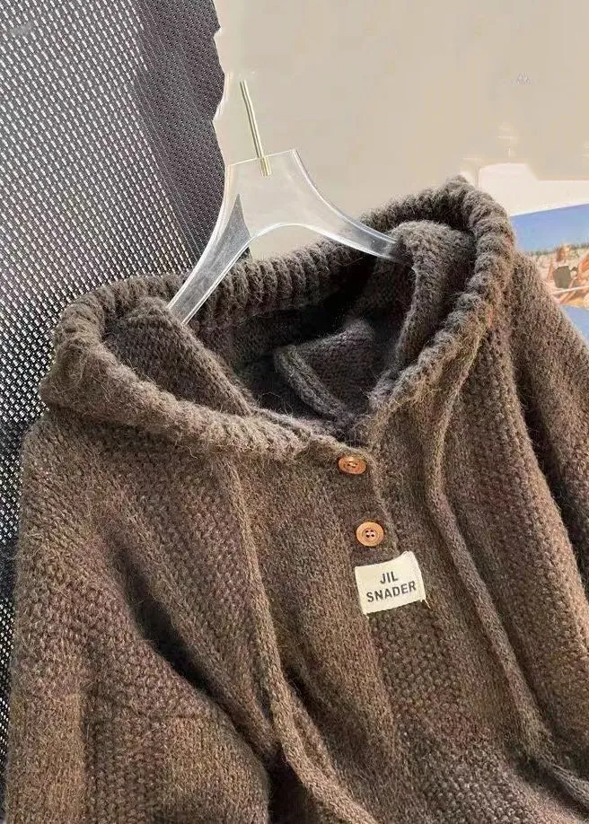 Women's Hooded Top Brown Cotton Knit Long Sleeve sold by Hensley London product image thumbnail 3