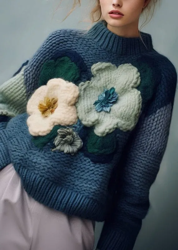 Women's Turtleneck Top Blue Cotton Knit sold by Hensley London