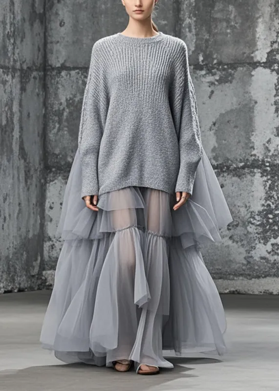 Women's Plus Size Sweater Dress Grey Knit and Tulle Oversized sold by Hensley London