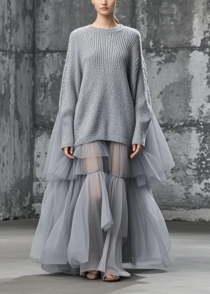 Women's Plus Size Sweater Dress Grey Knit and Tulle Oversized sold by Hensley London product image thumbnail 5
