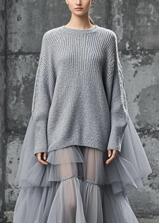 Women's Plus Size Sweater Dress Grey Knit and Tulle Oversized sold by Hensley London product image thumbnail 2