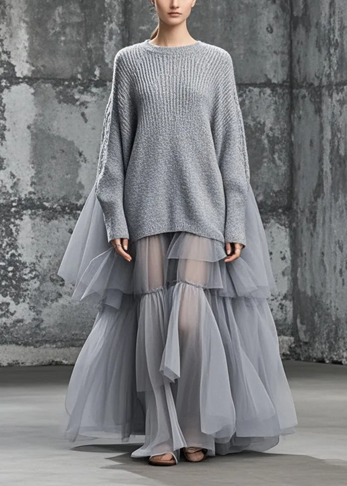 Women's Plus Size Sweater Dress Grey Knit and Tulle Oversized sold by Hensley London product image thumbnail 3