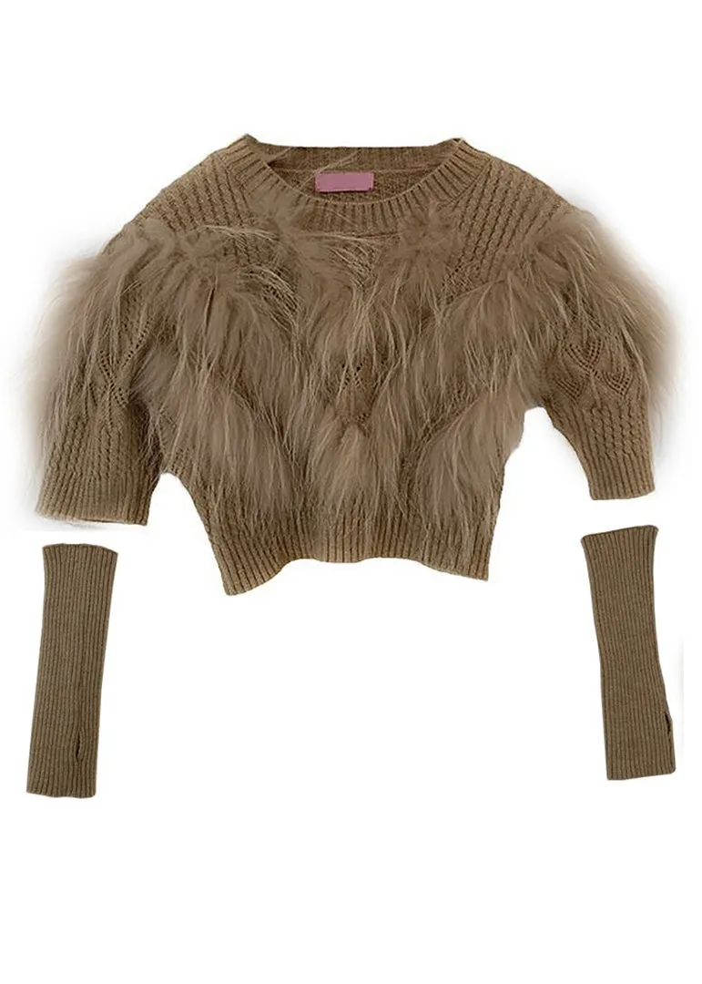 Women's Sweater Khaki Knit Leather and Fur Patchwork sold by Hensley London product image thumbnail 5
