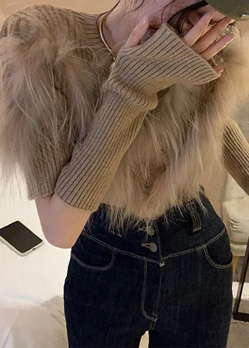 Women's Sweater Khaki Knit Leather and Fur Patchwork sold by Hensley London product image thumbnail 3