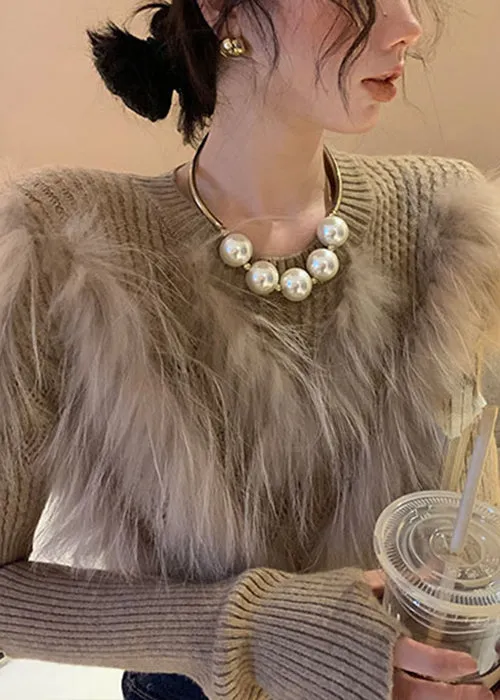 Women's Sweater Khaki Knit Leather and Fur Patchwork sold by Hensley London