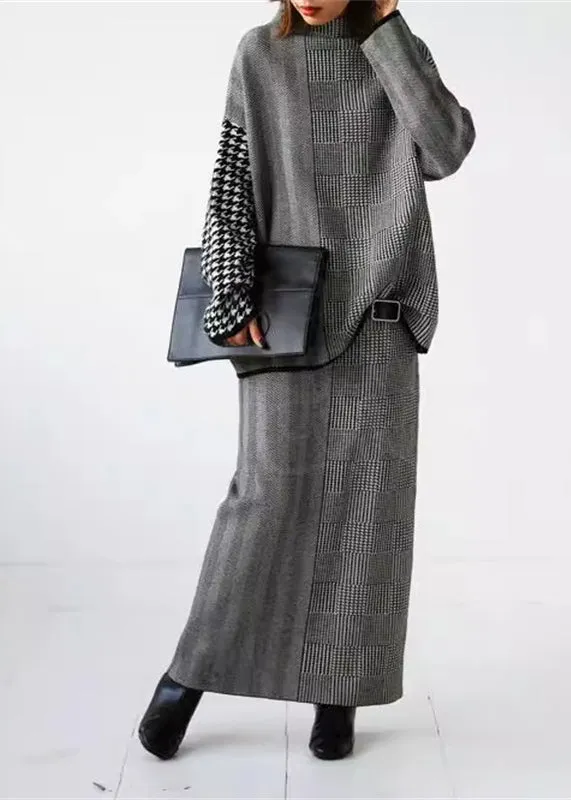 Women's Two Piece Set Grey Plaid Knit Sweater and Skirt sold by Hensley London