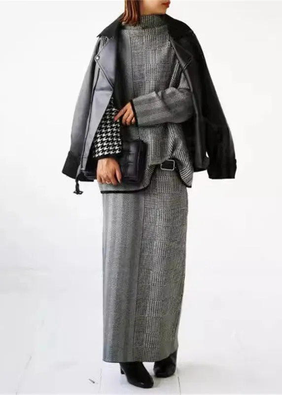 Women's Two Piece Set Grey Plaid Knit Sweater and Skirt sold by Hensley London product image thumbnail 2