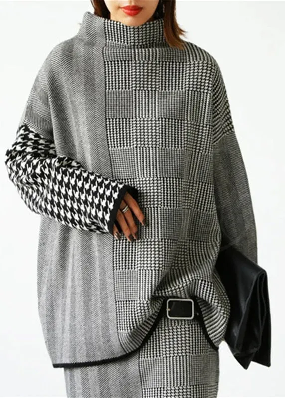 Women's Two Piece Set Grey Plaid Knit Sweater and Skirt sold by Hensley London product image thumbnail 3