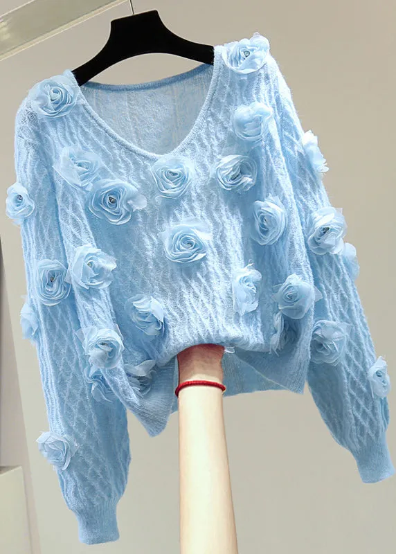 Women's Sweater French Blue Floral Cotton Knit sold by Hensley London