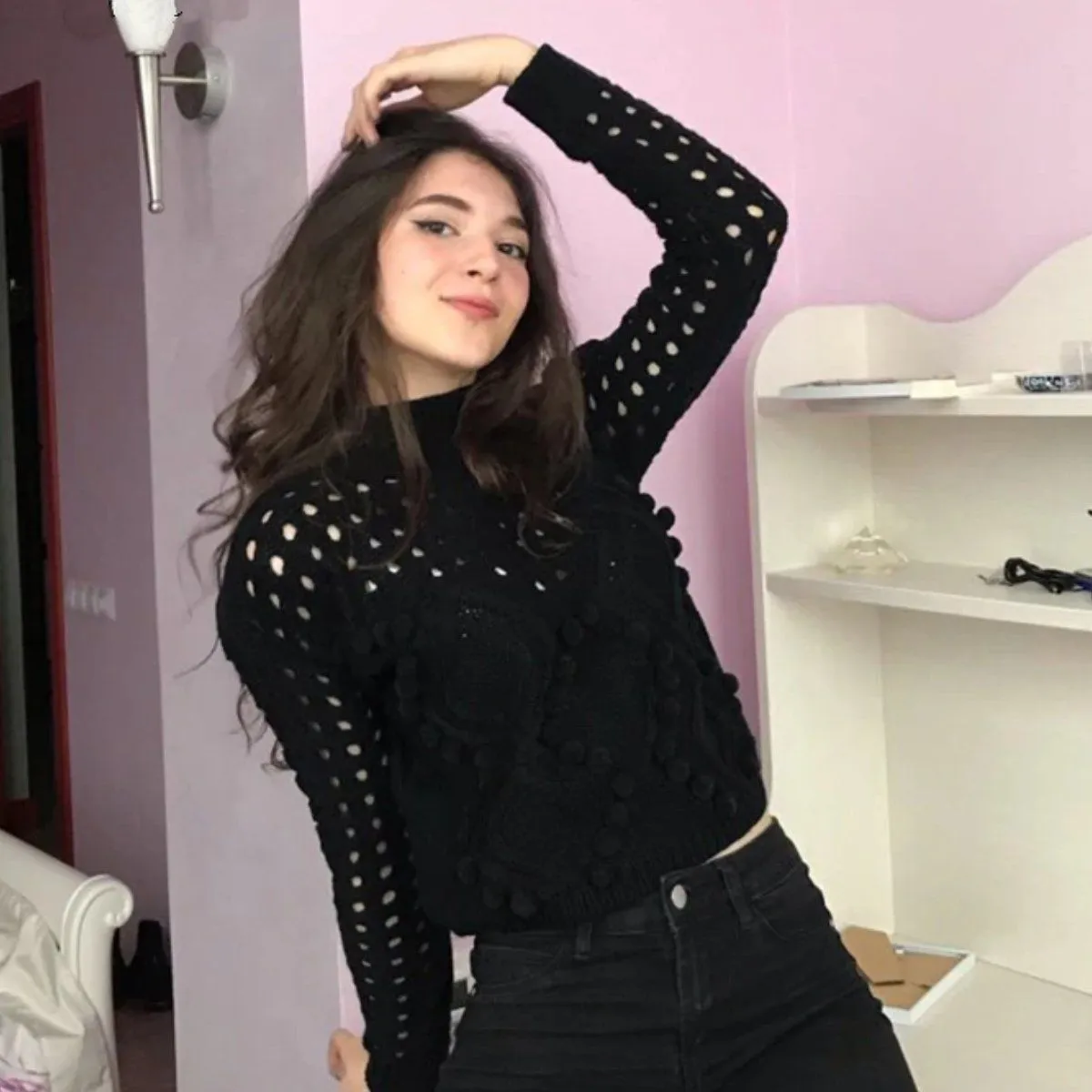 Women's Sweater Gray Cotton Blend Long Sleeve Hollow-Out Design sold by Hensley London product image thumbnail 4