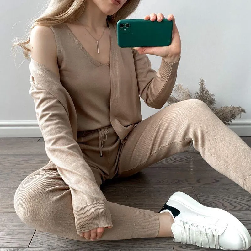 Women's 3-Piece Tracksuit Cardigan Top and Pants Set Grey Polyester sold by Hensley London product image thumbnail 3