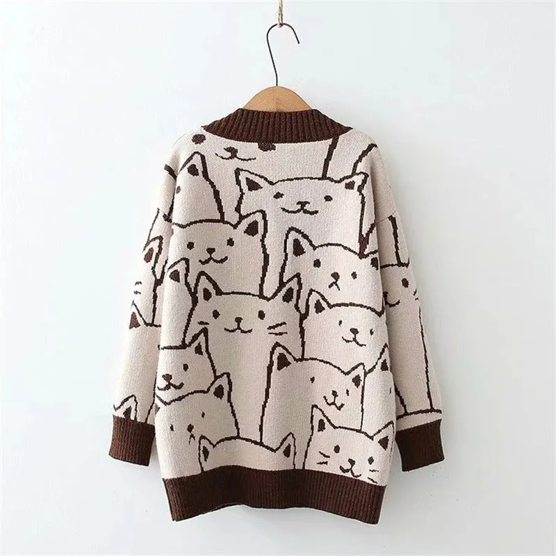 Women's V-Neck Cartoon Cat Print Cardigan Sweater Multicolor Wool Blend sold by Hensley London product image thumbnail 4