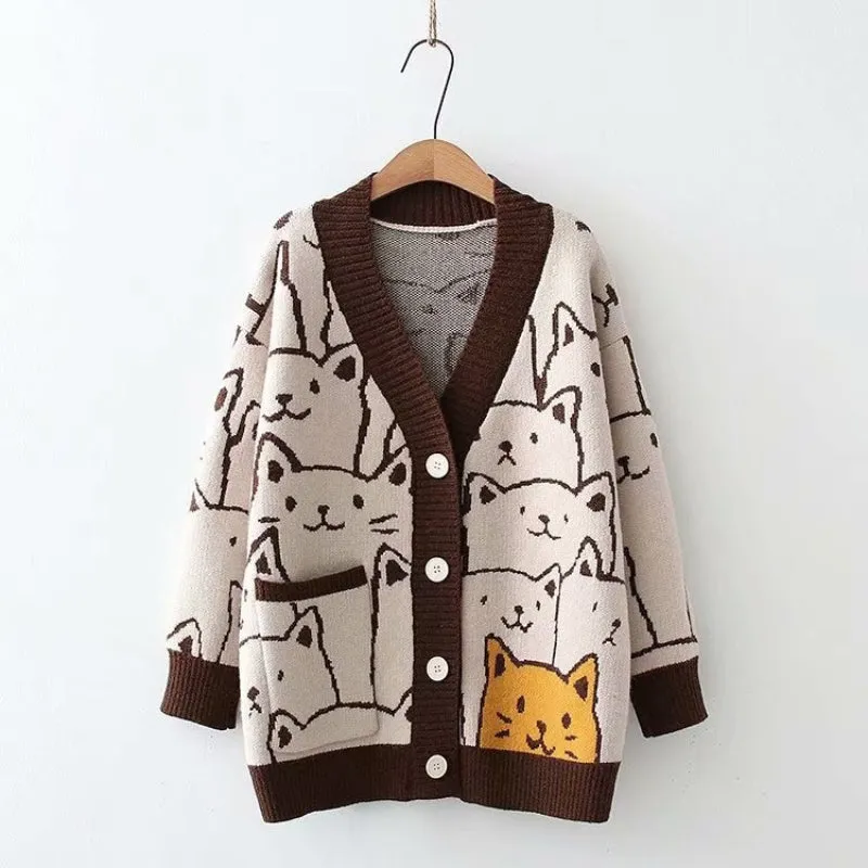 Women's V-Neck Cartoon Cat Print Cardigan Sweater Multicolor Wool Blend sold by Hensley London