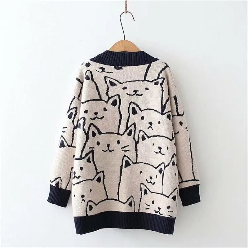 Women's V-Neck Cartoon Cat Print Cardigan Sweater Multicolor Wool Blend sold by Hensley London product image thumbnail 5