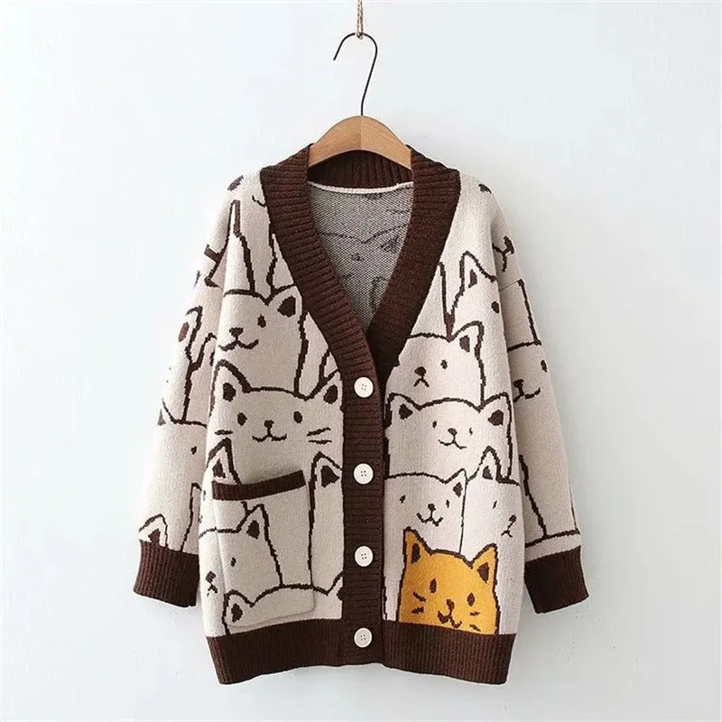 Women's V-Neck Cartoon Cat Print Cardigan Sweater Multicolor Wool Blend sold by Hensley London product image thumbnail 2