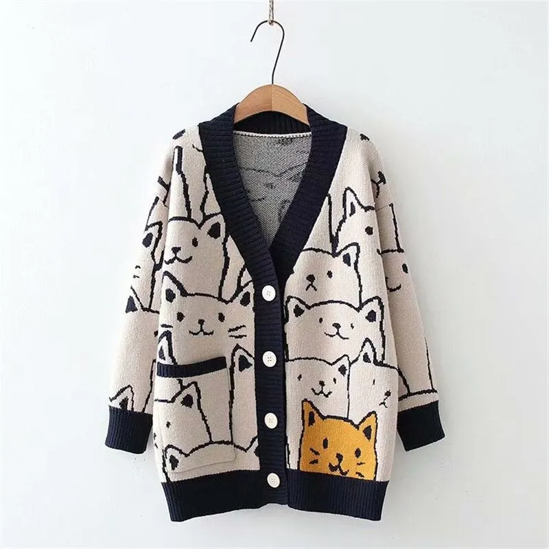Women's V-Neck Cartoon Cat Print Cardigan Sweater Multicolor Wool Blend sold by Hensley London product image thumbnail 3