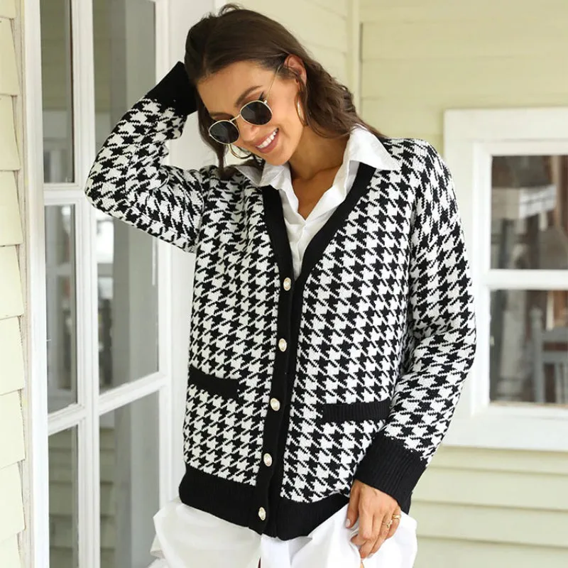 Women's Cardigan Sweater Black Houndstooth Acrylic sold by Hensley London