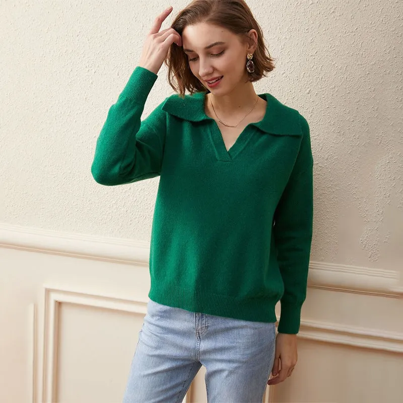 Women's Sweater Collared V-Neck Loose Fit Long Sleeve Cotton Blend sold by Hensley London