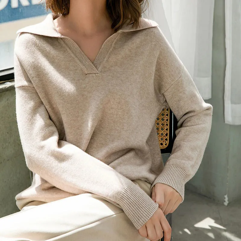 Women's Sweater Collared V-Neck Loose Fit Long Sleeve Cotton Blend sold by Hensley London product image thumbnail 5
