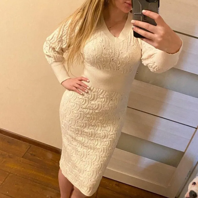 Women's Sweater Dress Beige Knitted Long Sleeve sold by Hensley London product image thumbnail 3
