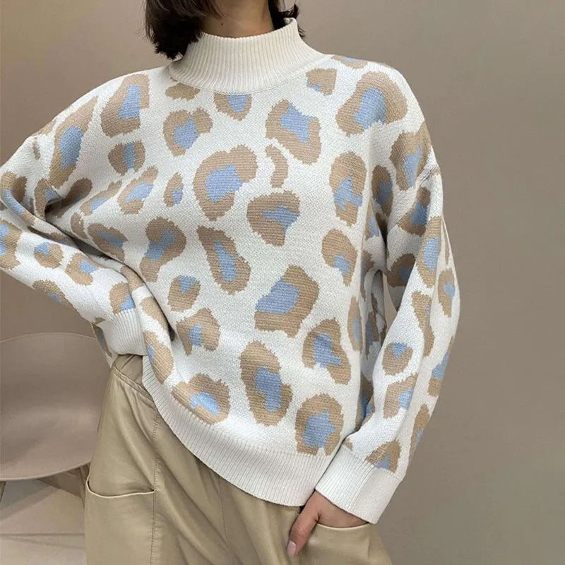 Women's Turtleneck Pullover Sweater Leopard Print Long Sleeve sold by Hensley London