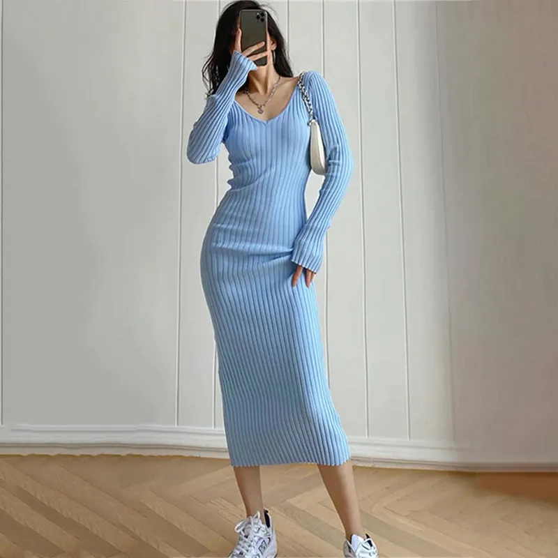 Women's Bodycon Sweater Dress Grey Ribbed Knit sold by Hensley London