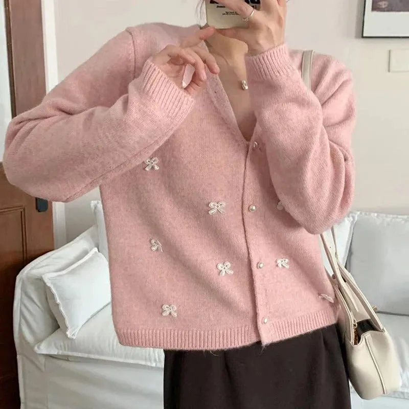 Women's Long Sleeve Cardigan Beige Polyester Bow Decor sold by Hensley London product image thumbnail 4