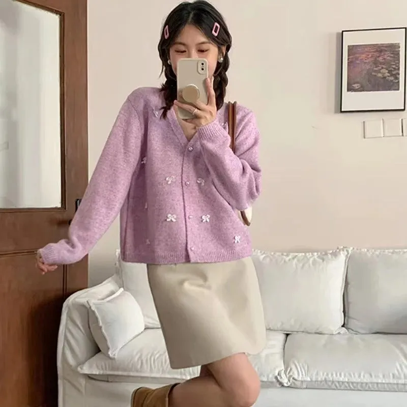 Women's Long Sleeve Cardigan Beige Polyester Bow Decor sold by Hensley London