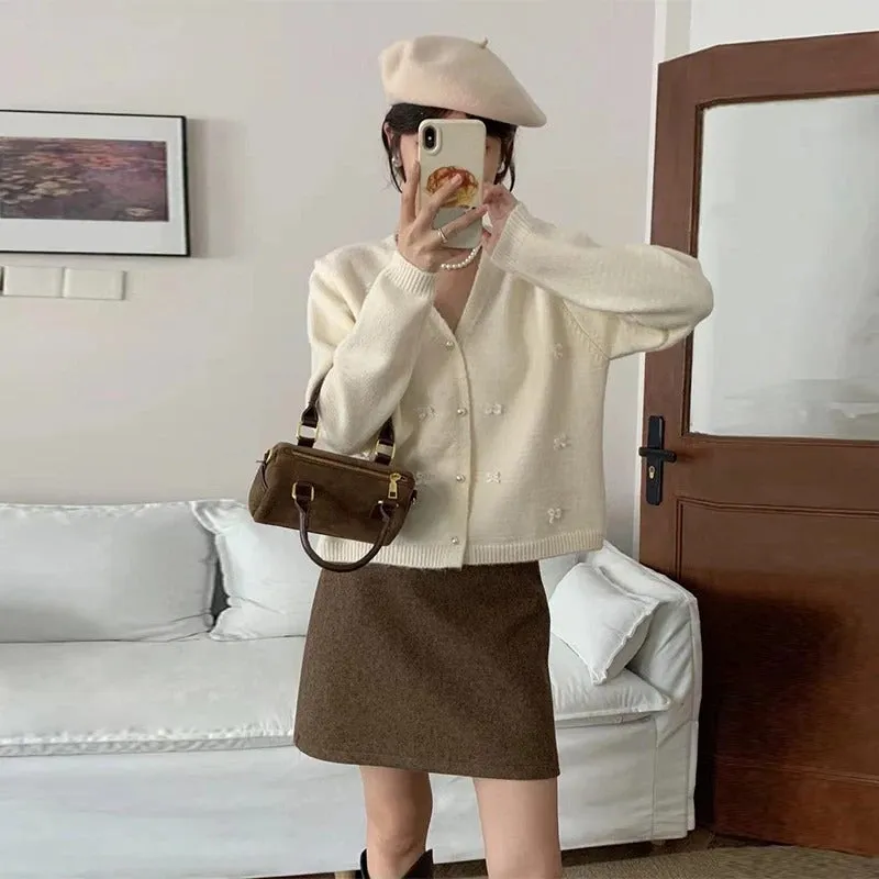 Women's Long Sleeve Cardigan Beige Polyester Bow Decor sold by Hensley London product image thumbnail 3