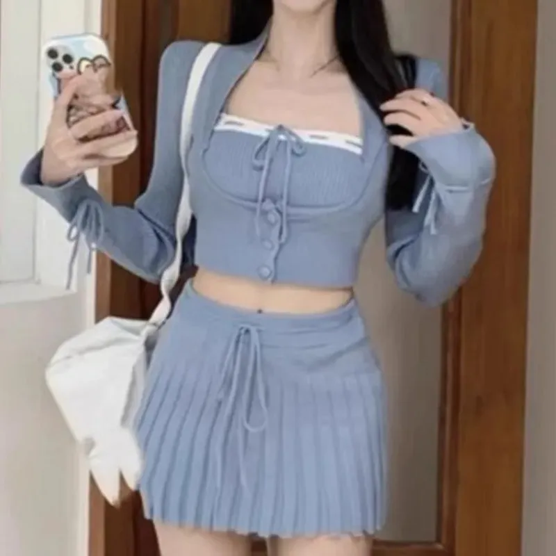 Women's Tube Top Cropped Cardigan Mini Skirt Set Black Polyester sold by Hensley London