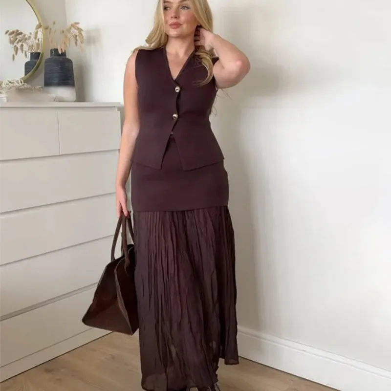 Women's Maxi Skirt Set Beige Knitted Polyester sold by Hensley London