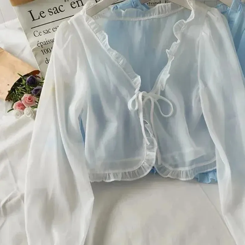 Women's Cardigan White Sheer Lace Tie Front Long Sleeve sold by Hensley London