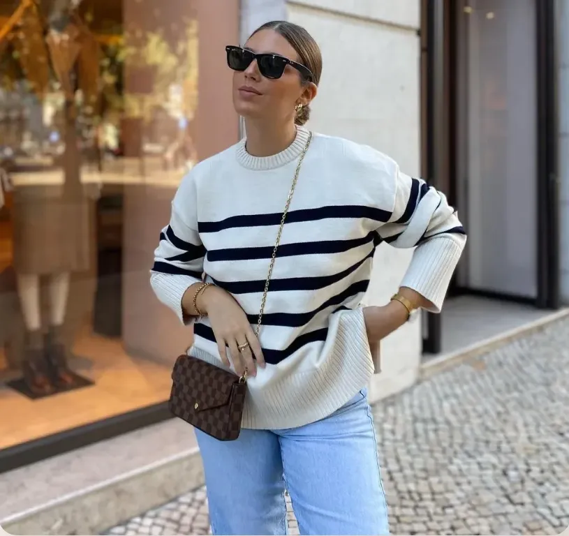 Women's Oversized Striped Knitted Sweater - Casual Crew Neck Top sold by Hensley London product image thumbnail 3