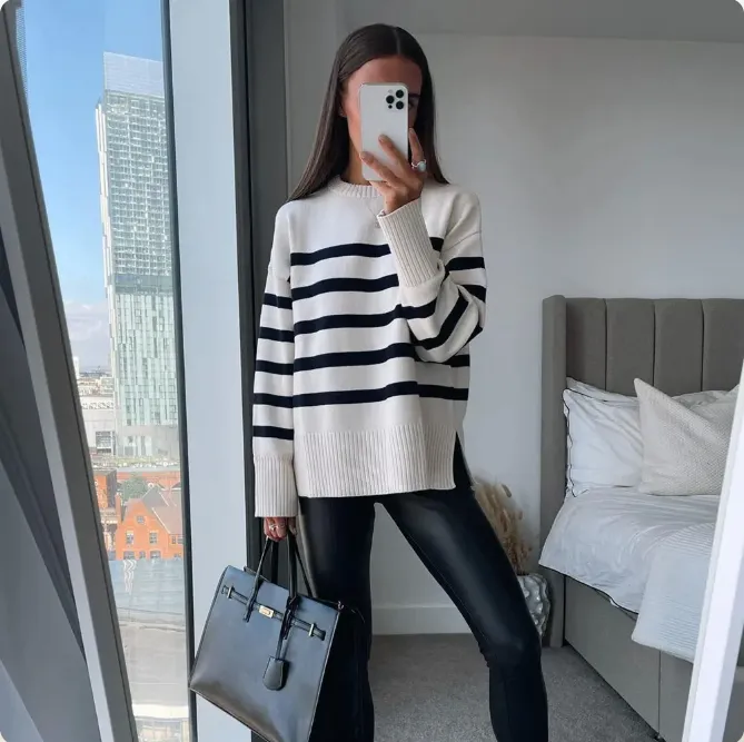 Women's Oversized Striped Knitted Sweater - Casual Crew Neck Top sold by Hensley London product image thumbnail 2